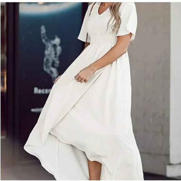 Zattcas Dresses & Skirts - Women Short Sleeve Summer V Neck High Low Smocked Midi Dress Size XS